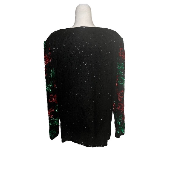 Vintage beaded, sequins Christmas jacket green & red bows silk - Picture 3 of 5